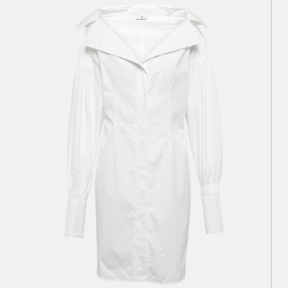 ETRO Off Shoulder 100% Cotton Button Down Shirt Dress White IT 48 US 12 Org$1190